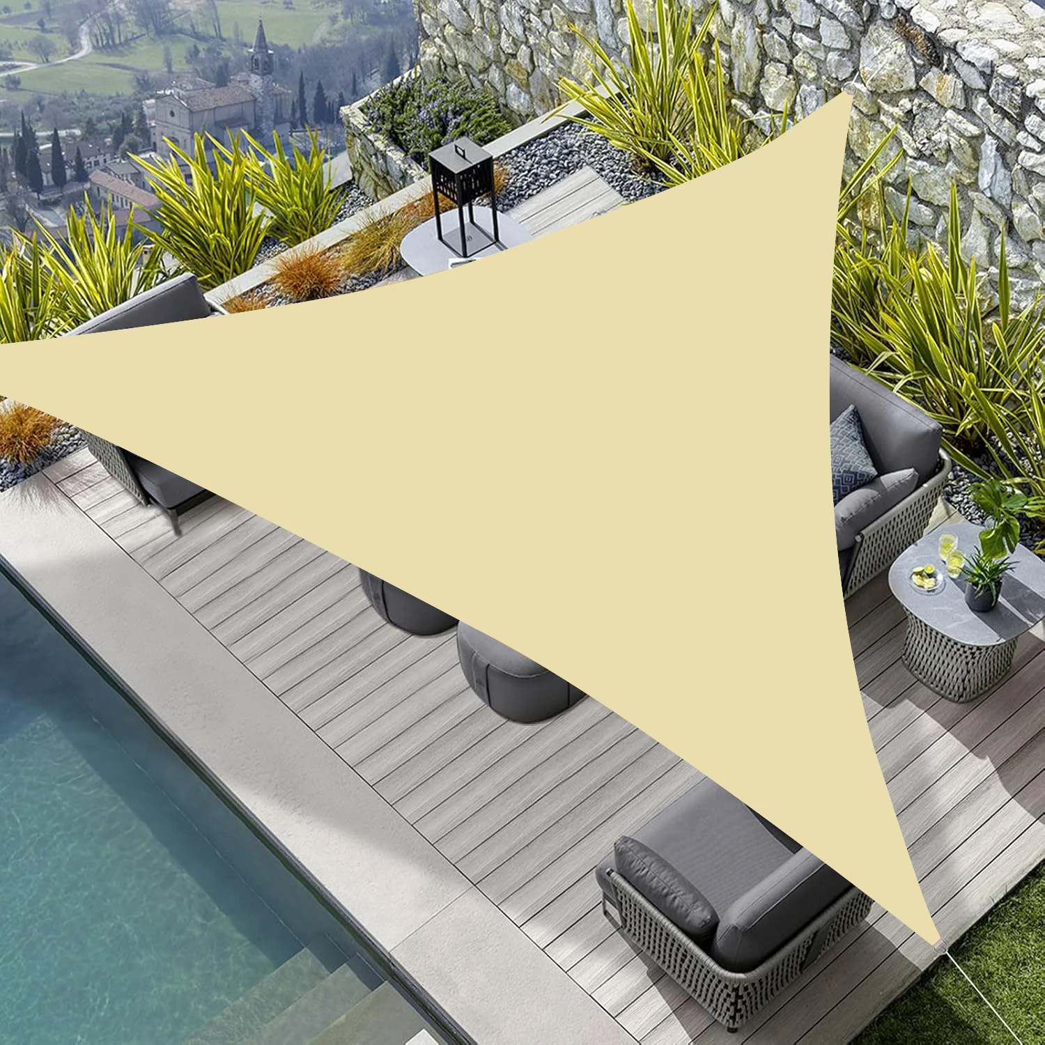 Voile d'ombrage triangulaire beige, toile de protection solaire imperméable, auvent résistant à la p