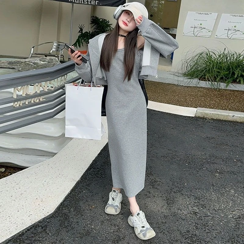 

Спортивный комплект из двух предметов для девочек — короткая куртка с капюшоном и длинное платье на тонких бретельках, универсальный для детей 4–12 лет, весна/осень 2023 г.