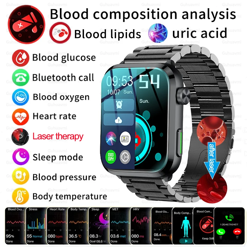 Nieinwazyjny inteligentny zegarek z poziomem cukru we krwi, tłuszczowy kwas moczowy, Monitor zdrowia sportowy Bluetooth klasy medycznej Smartwatch z