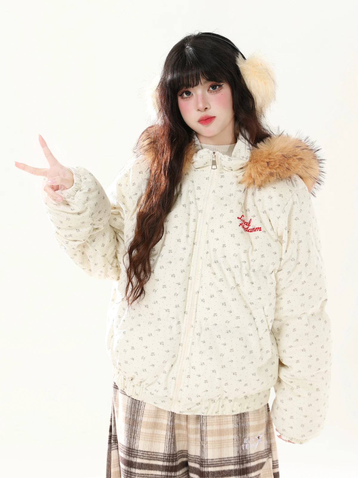 

ENJOG Retro Floral Detachable Fur Collar Women's Cotton Jaet Loose Fit Thiened Casual Winter Coat Zipper Closure Long Sve