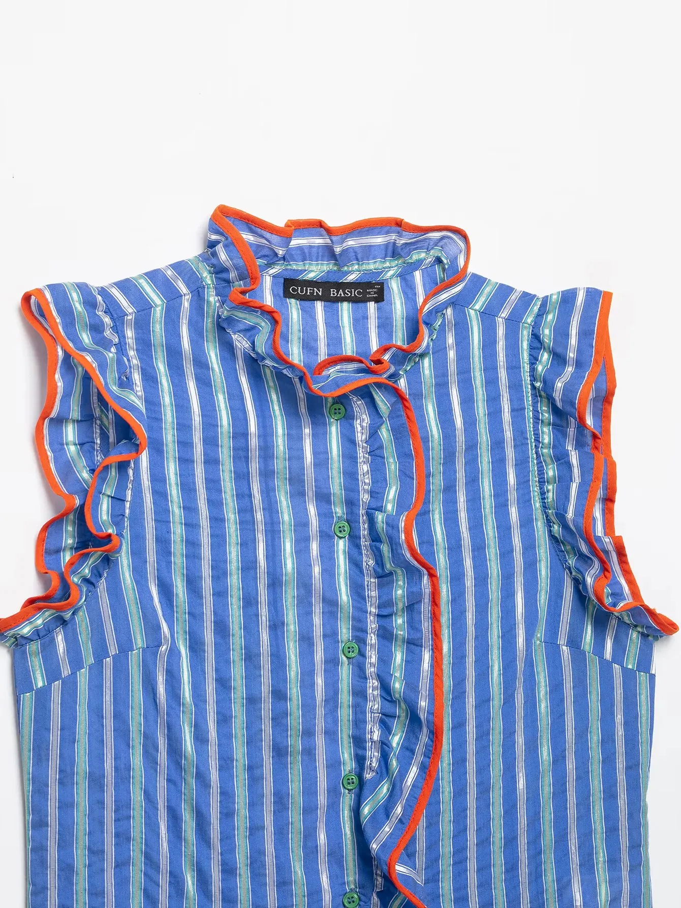 Damen Gestreifte Ärmellose Rüschenbluse mit Stehkragen und Einreihiger Knopfleiste, Neues Street-Casual Damen-Tanktop – Detail 10