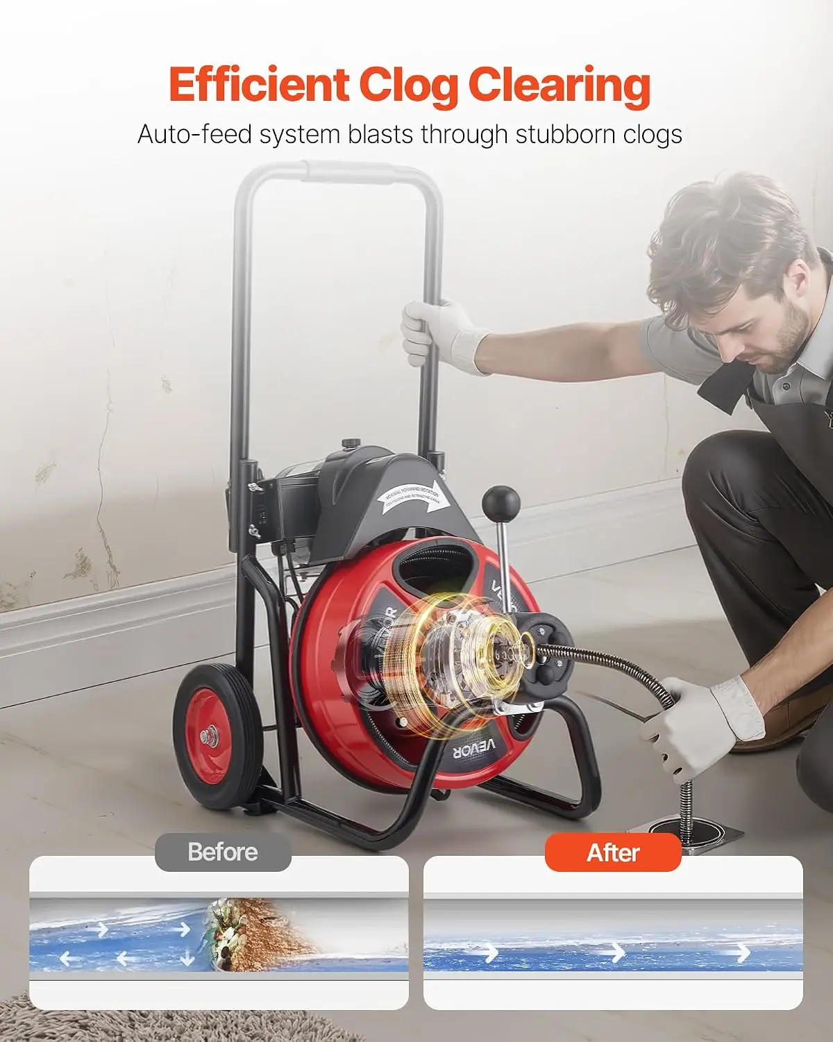 Drain Cleaner Machine 100 FT x 1/2 Inch, Auto Feed Sewer Snake Auger on Wheels, Portable Drain Cleaning Machine with 4 Cutters &