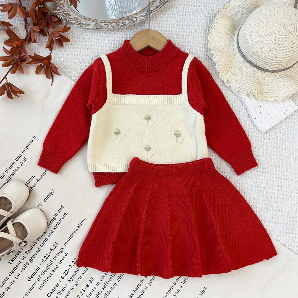 Children's Red Sweater Set Autumn/Winter Knitted Long Sleeve Fake Two Piece Top+Solid Color Short Skirt New Year Girls' Clothes