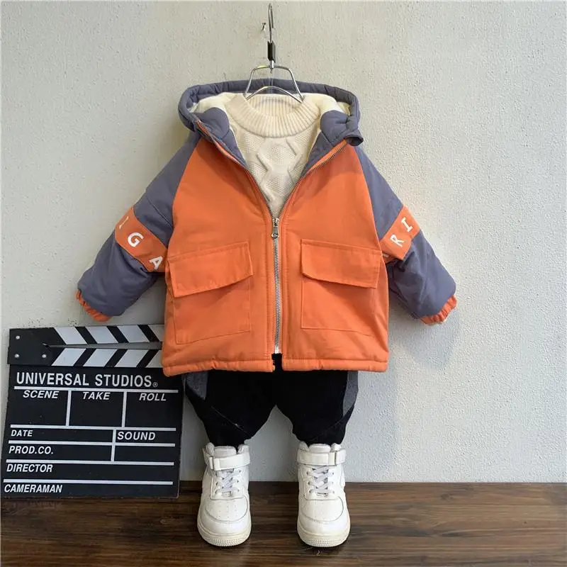 2-9years boys winter thicken hooded jacket for children outwear baby boy cotton-padded plus velvet print jacket for boys clothes