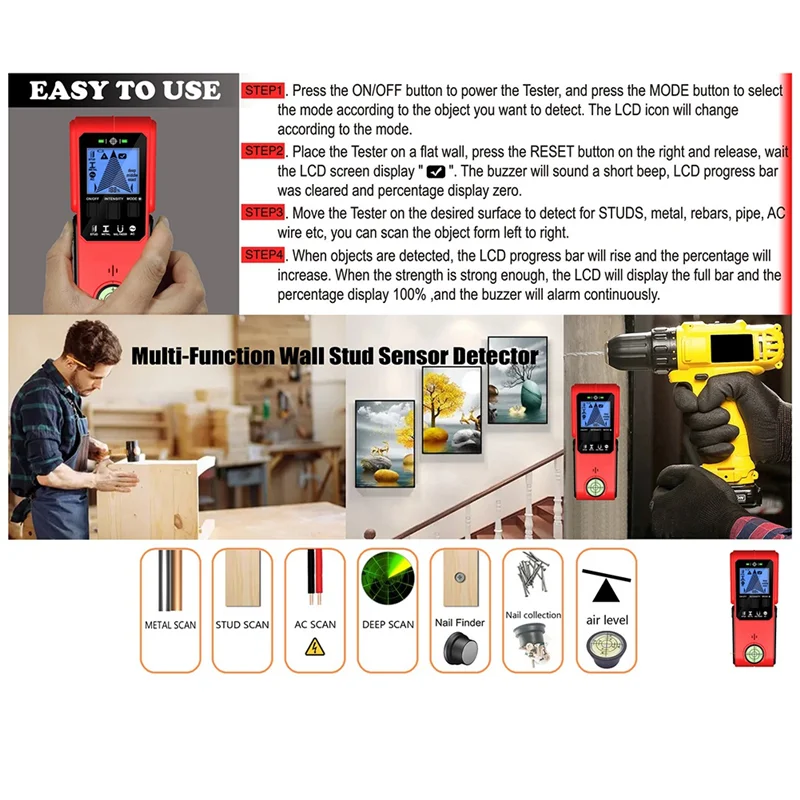 WORTHOWN-Wall Detector متعدد الوظائف للكشف عن المعادن لكمة كشف سلك مسمار الكاشف مع تحديد المواقع المغناطيسي