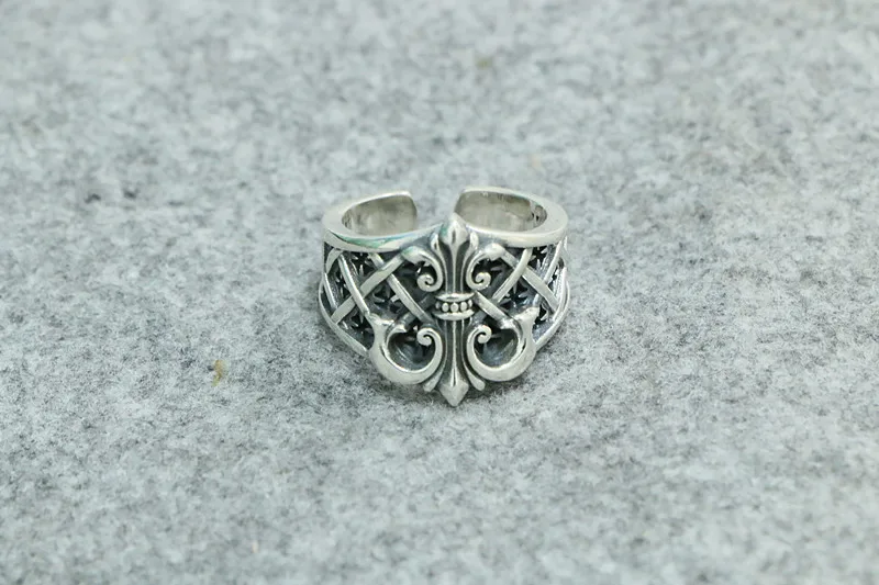 Punk Style 925 Sterling Silver Scout Flower Ring Male domineering European and American wide face retro cross ship anchor Thai s