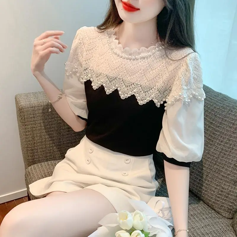 Fashion Ruffled Neck Lace Beading Puff Sleeve Blouses Women Clothing 2024 Summer New Loose Korean Tops Sweet Solid Color Shirts