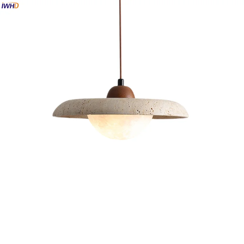 

IWHD White Glass LED Hanging Lamps Bedroom Living Room Dining Table Light Yellow Travertine Nordic Modern Pendant Light Hanglamp