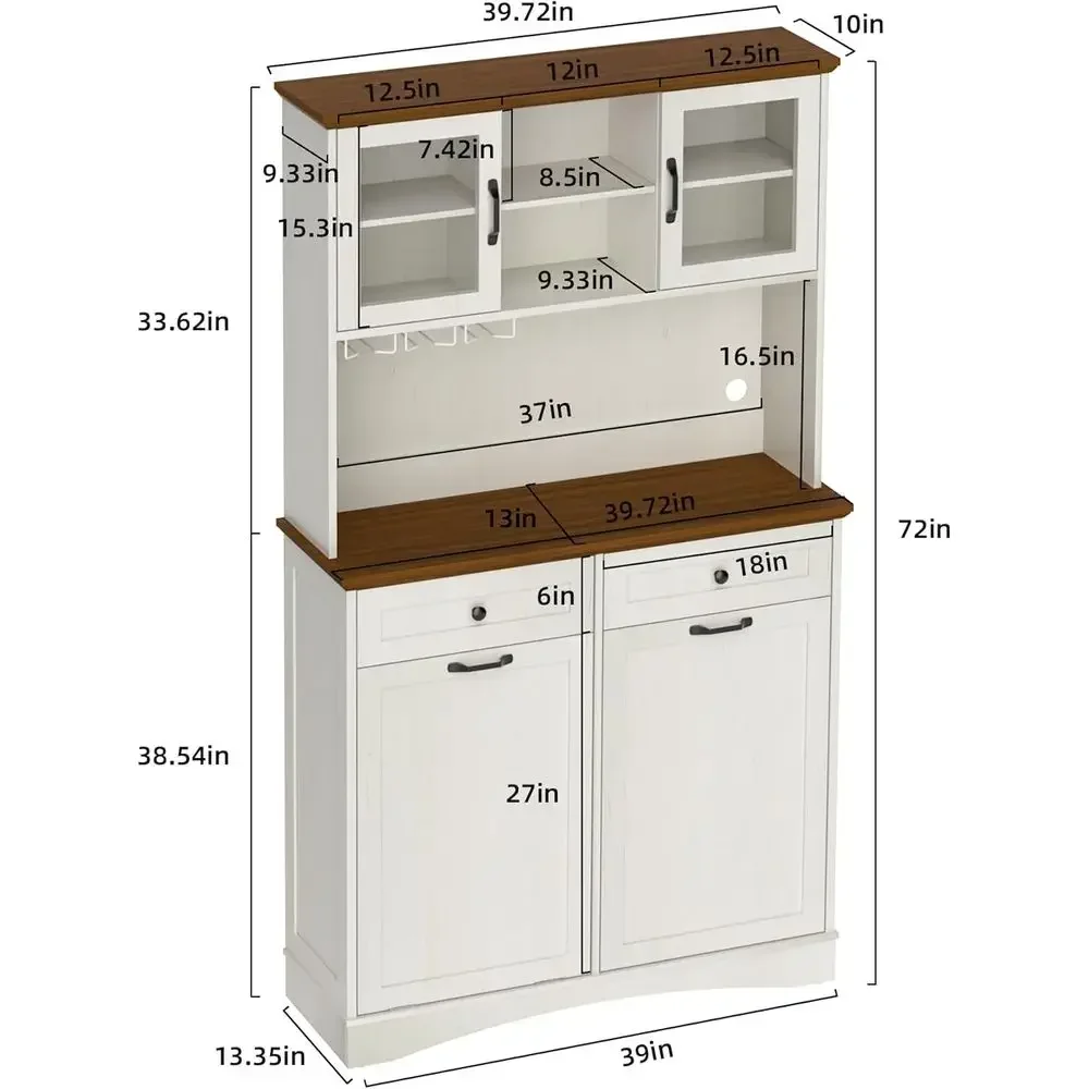 Adjustable Shelf Kitchen Pantry Cabinet with Trash Bin, White, 13 Gallons