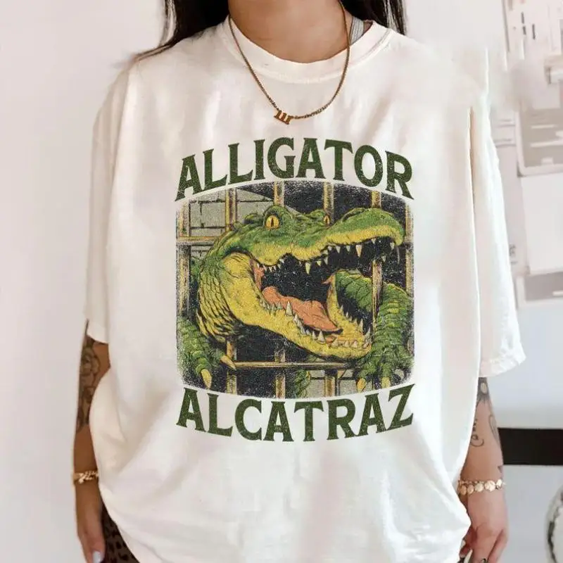 

"Funny Alligator Alcatraz T-Shirt for Women | Vintage Washed Croc Graphic Tee | Retro Streetwear Top | Animal Lover Gift"