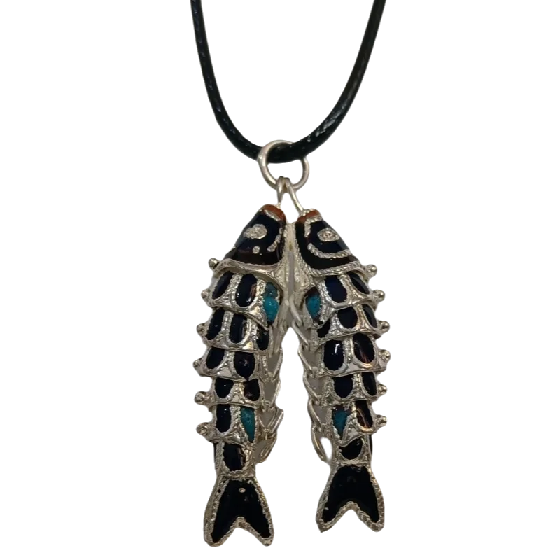 Collar con colgante de pez doble negro esmaltado cloisonné, joyería Vintage para mujer, dijes de peces dorados de animales, cadenas de cordón de cera