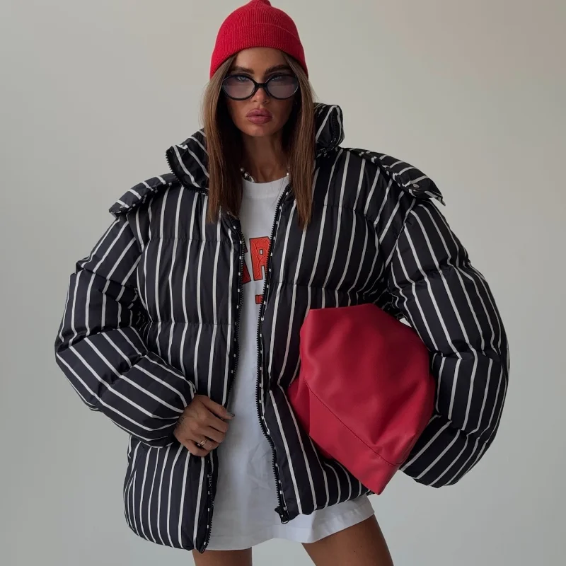 2026 Winter Autumn Stripe Cotton Padded Jacket For Women Warm Long Sleeve Zipper Hooded Coats Lady Street Chic Outdoor Outerwear