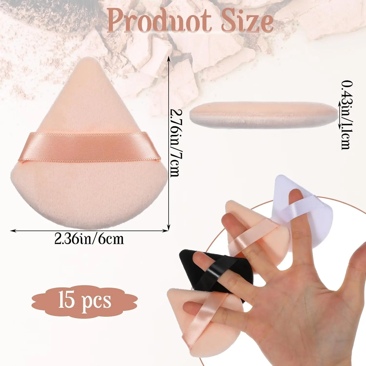 مجموعة منتفخة من بودرة القطيفة مكونة من 15 قطعة - إسفنجة مكياج مثلثة للبودرة/الأساس السائبة | خلاطات وجه خالية من اللاتكس قابلة للغسل بحجم مناسب للسفر