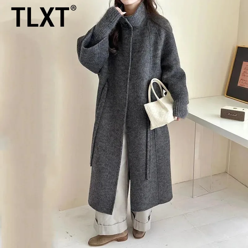 

TLXT Elegant Women's Fake Two-Piece Stand Collar Double-Faced Woolen Coat Raglan Sleeve Mid-Length Autumn Winter Overcoat XK1650