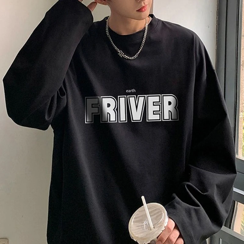 

Early Autumn American Cotton T-shirt Men Oversized Long-sleeved High Street Harajuku Pullovers O- Neck Top Streetwear Casual