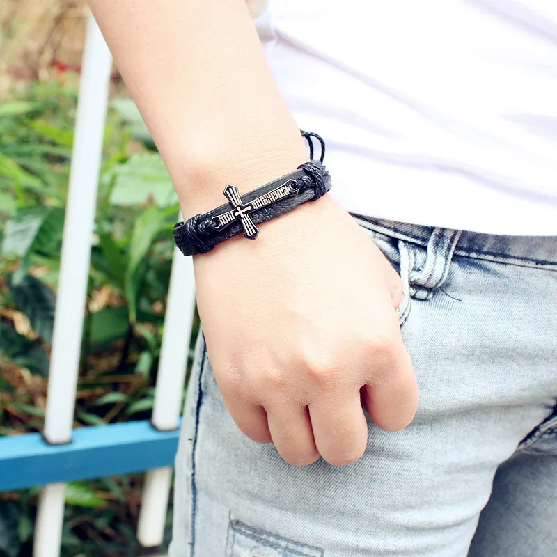 3PCS/SET Vintage Punk Adjustable Cross Jesus Bracelets Men Women Simple Bracelet Adjustable Wax Cord Brown Black Fashion Jewelry