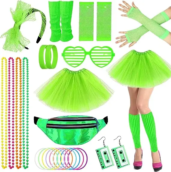 Lot de 16 accessoires de déguisement des années 80 pour femme, tenues de costume des années 80 avec boucles d'oreilles, collier, gants en résille, bandeau