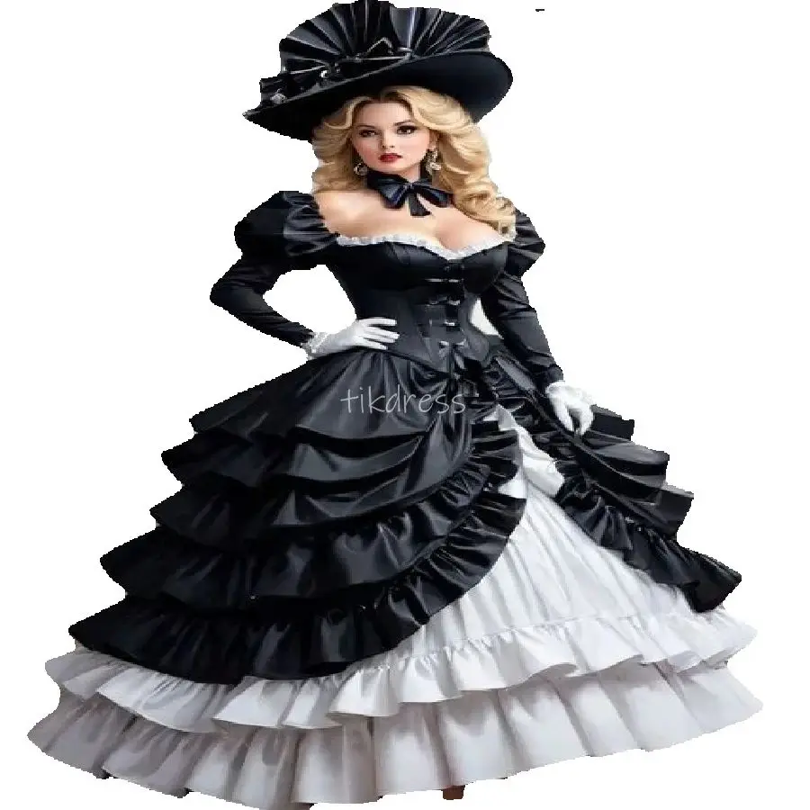 

Steampunk Renaissance Witchy Prom Dress Black And White Tiered Ruffles Vampire Gothic Evening Dress Cosplay Maid PartyCustomized