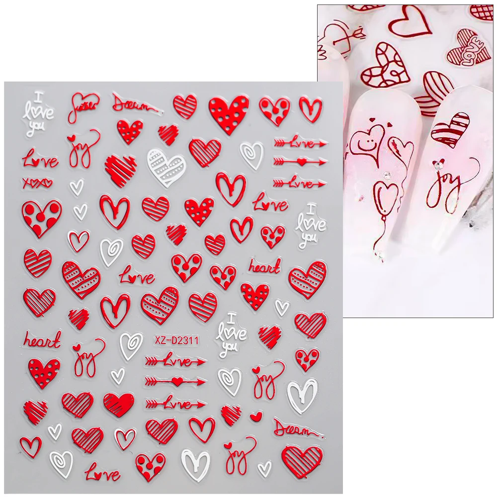 1Sheet 3D Red Heart Laser Nail Sticker Letter Flower Self-Adhesive Slider Valentine's Day Series Nail Decals Manicure Decoration