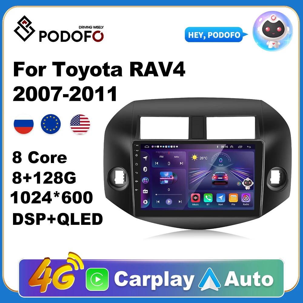 

Podofo Wireless CarPlay Andorid Auto Car Radio For Toyota RAV4 2007-2011 AI Voice Multimedia GPS 2din autoradio