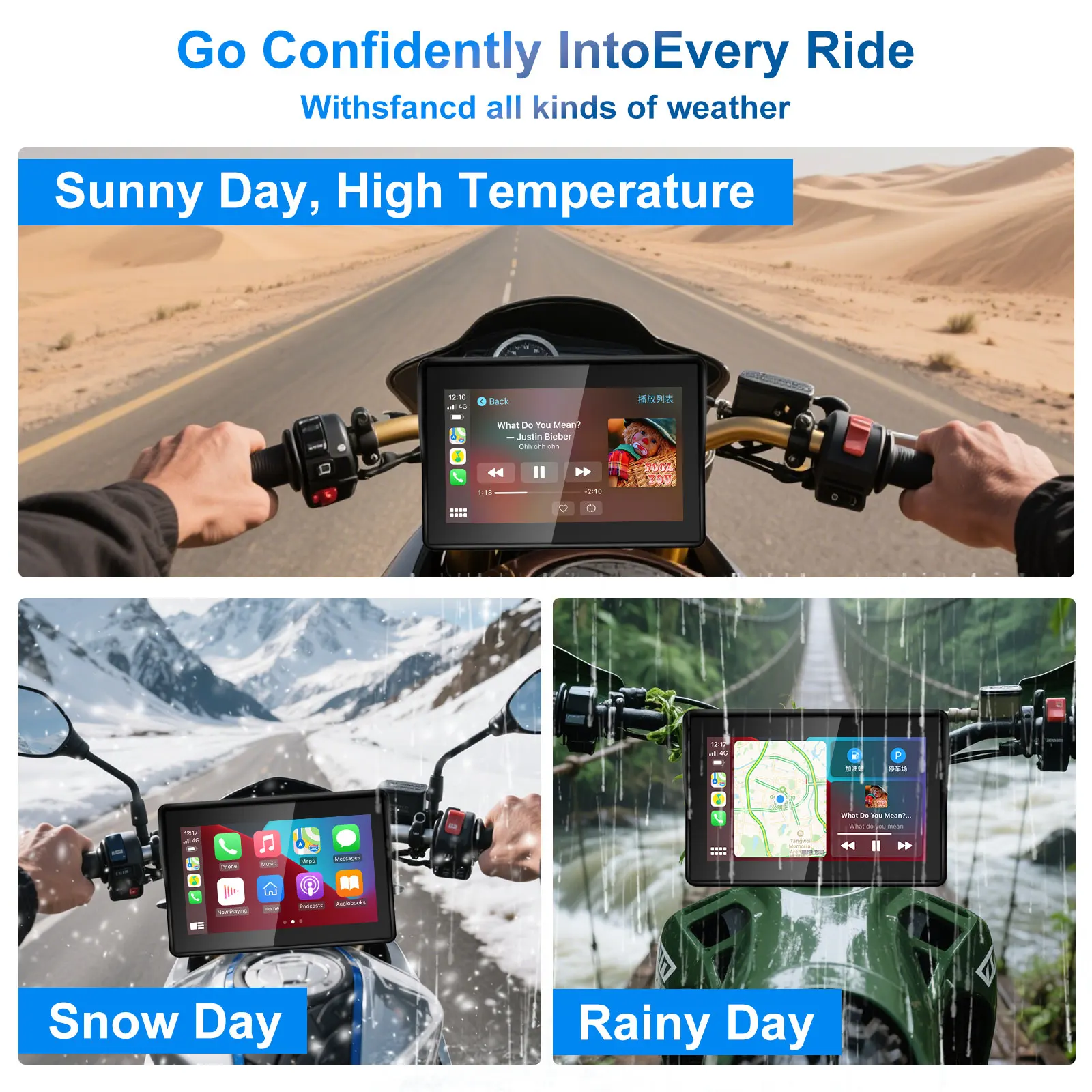 شاشة CarPlay Moto Android Auto اللاسلكية المحمولة الرقمية القابلة للإزالة GPS مقاومة للماء BT مراقب الملاحة للدراجات النارية