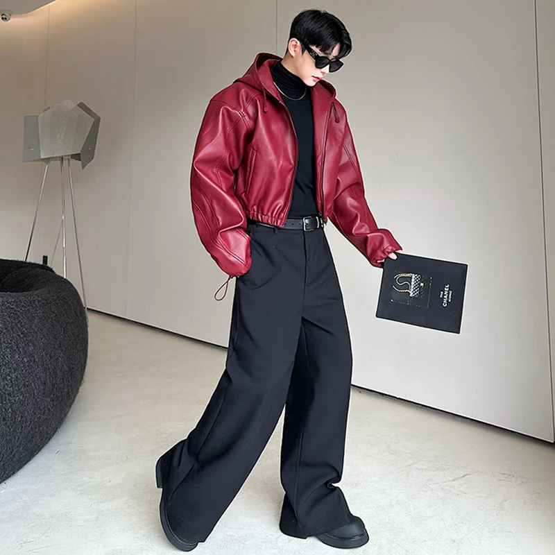 LUZHEN Elastic Hem Hooded Short Leather Jacket Elegance Luxury High Quality Motorcycle Solid Color Male Versatile Coats LZ6325