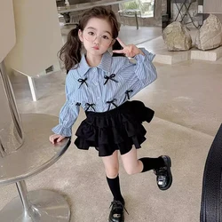 Girls' Shirt half Skirt Set 2024 Summer New Children's Long Sleeve Bow Striped Shirts Black Elastic Waist A-line Cake Skirts