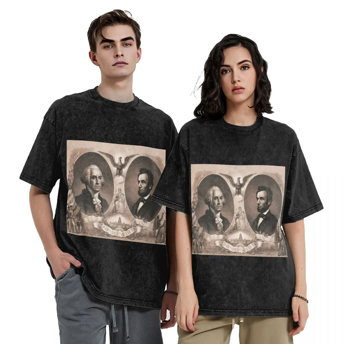 George Washington And Abraham Lincoln Hip Hop Short Sleeve T-Shirts Washed Tops Tees Streetwear T Shirt Vintage for Men Women