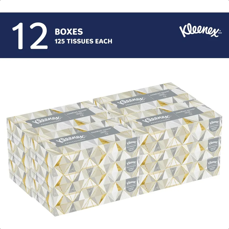 Kleenex Tessuto per il viso professionale sfuso 03076 Formato in scatola piatta bianca a 2 strati Progettato per dimensioni di comodità aziendale (125 scatola di fazzoletti 12