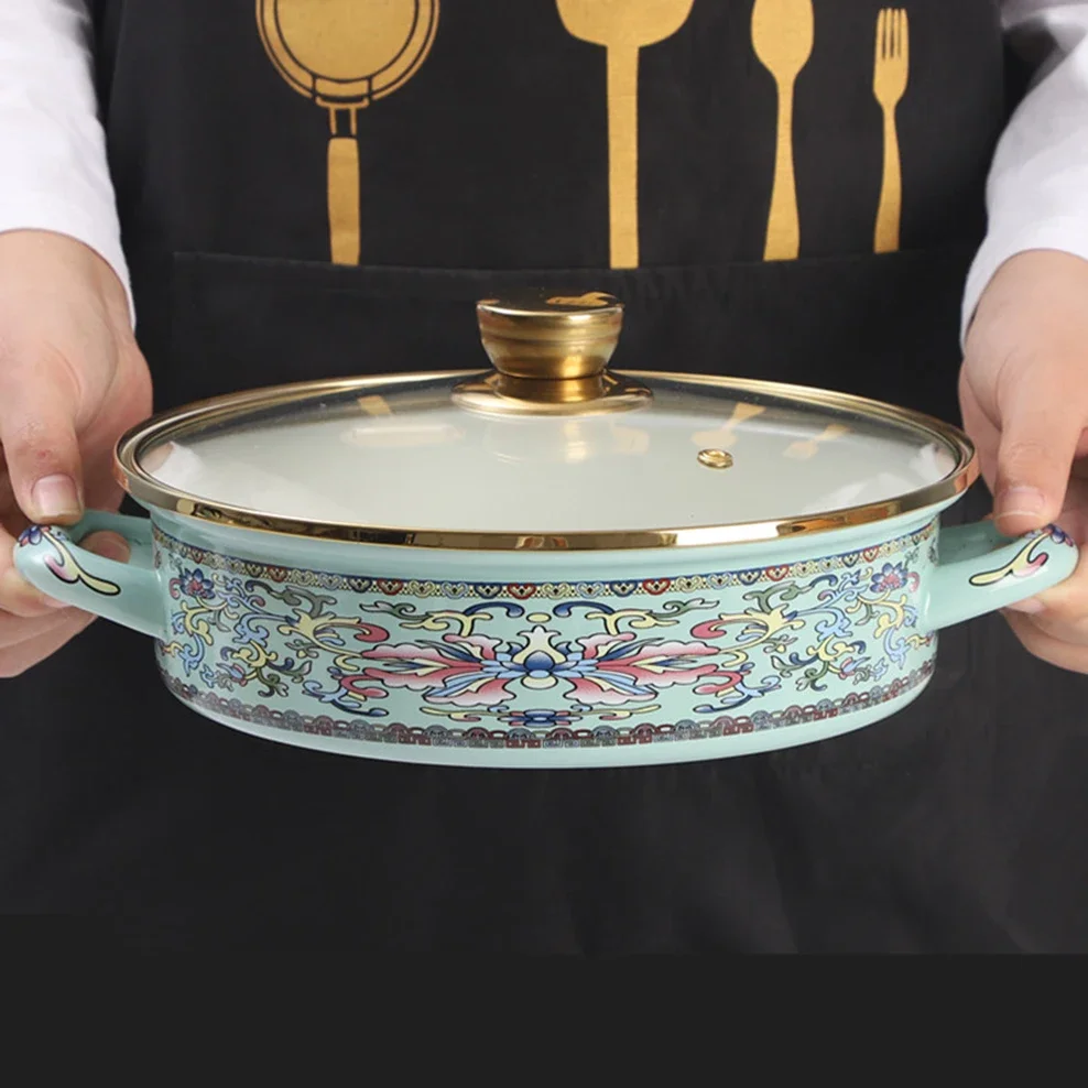 Porcelain enameled soup pot, Double-ear glass lid stew pot, High-capacity flat pan with lid, Noodle seafood pot, 1.6/2.6L