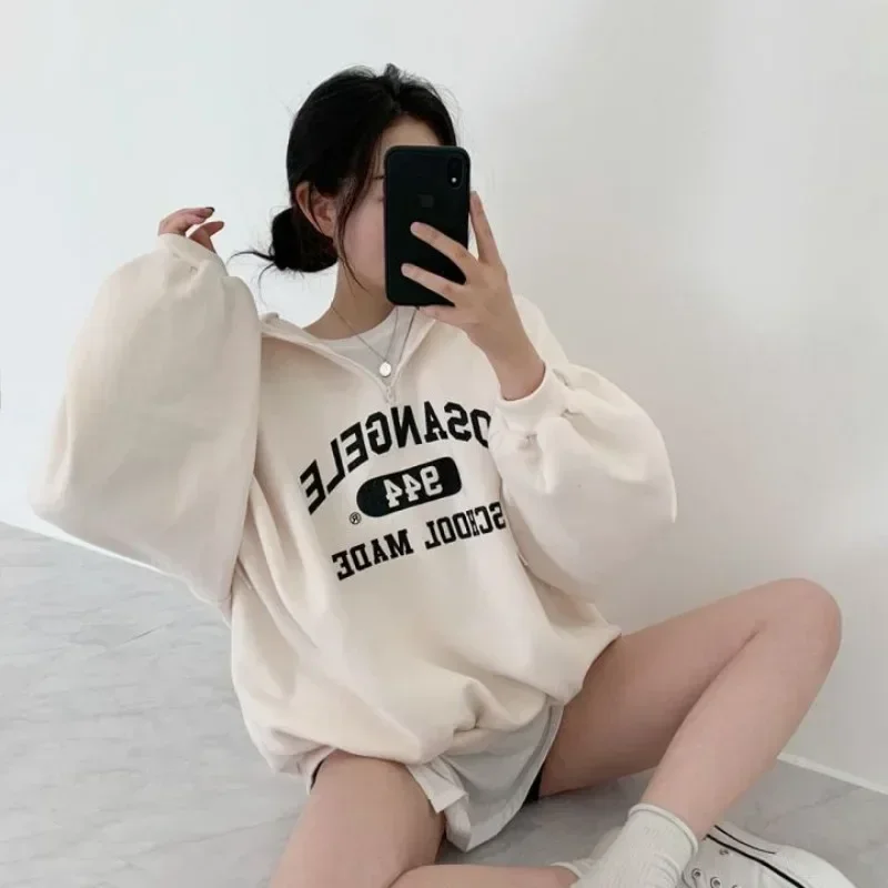 

Autumn Winter Korean Harajuku Vintage Women Baggy Hooded Sweatshirt Half Zipper Pullover Long Sleeve Hoodies Tops Y2k Streetwear