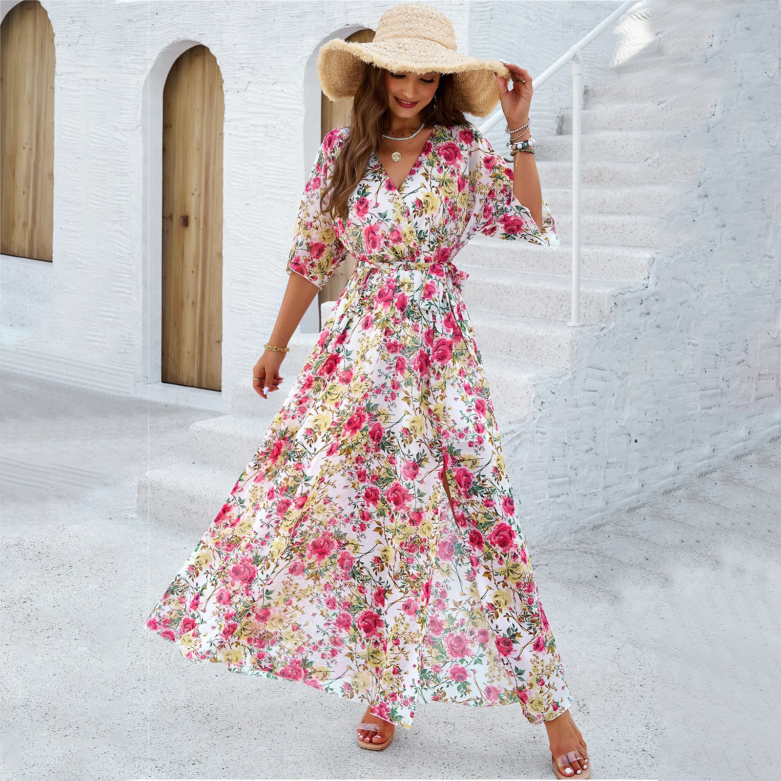 

High Quality Women Clothing Spring Summer 2024 Elegant Printed Waist Cinched V-neck Dress with Tie Up Streetwear Y2k Dress Y2k