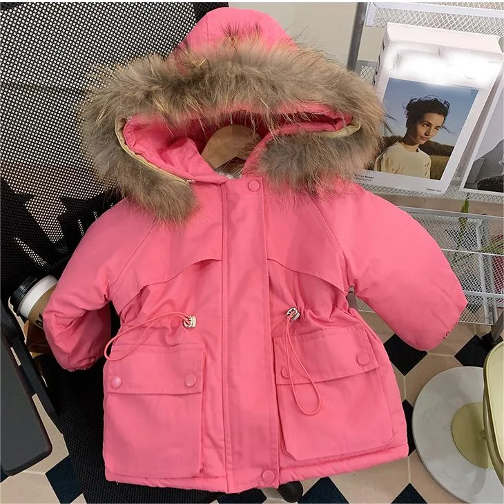 Girls Hooded Cotton Coat 2024 Winter New style Plus Velvet Thickening Windbreaker Down Jacket Baby Big fur Collar Warm Coat