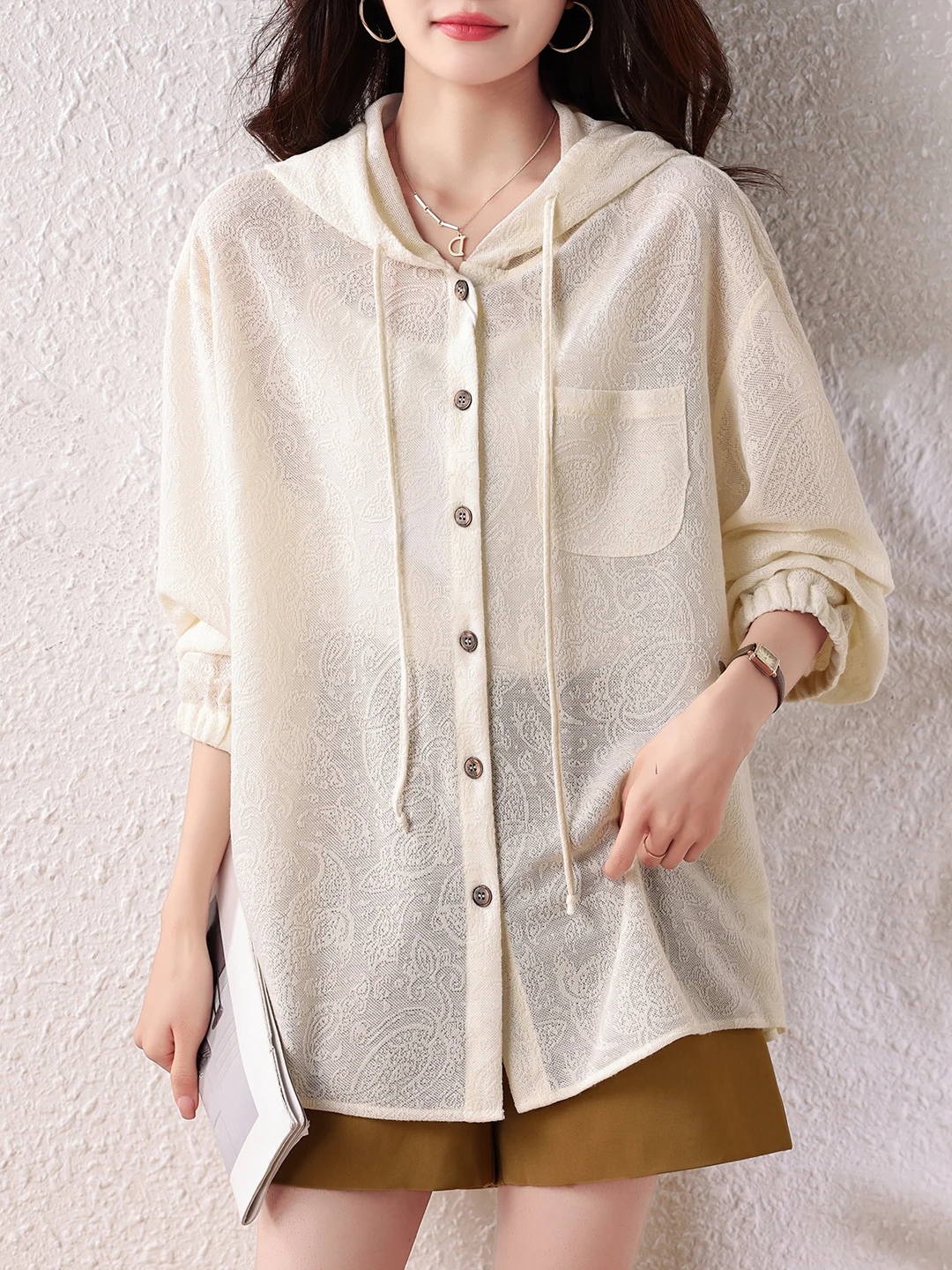 

Fashionable Casual Loose Chestnut Print Hooded Shirt Women's Spring New Arrival Clothing Brand Withdrawal Wide Matched