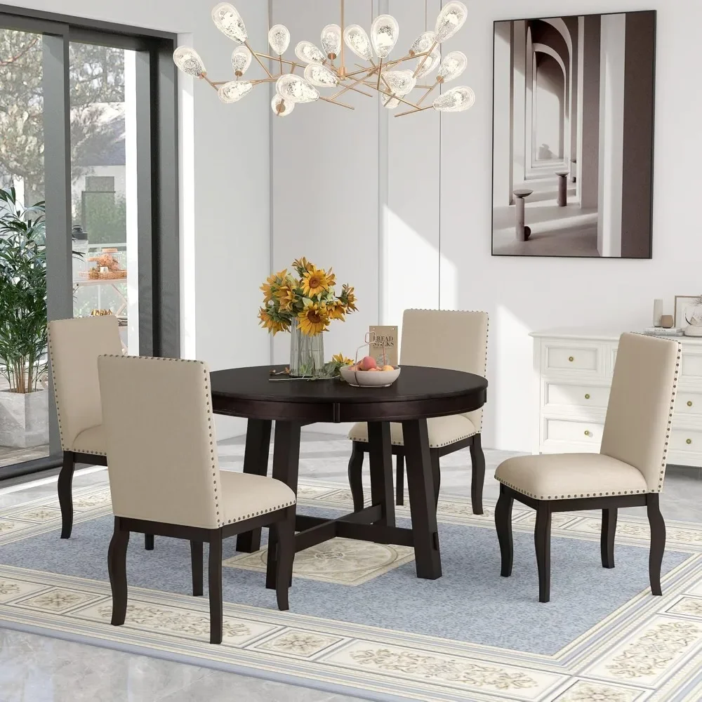 5 Pieces Dining Table Set Round Kitchen Extendable Dining Table with 4 Upholstered Chairs for Dining Room, with nail head trim