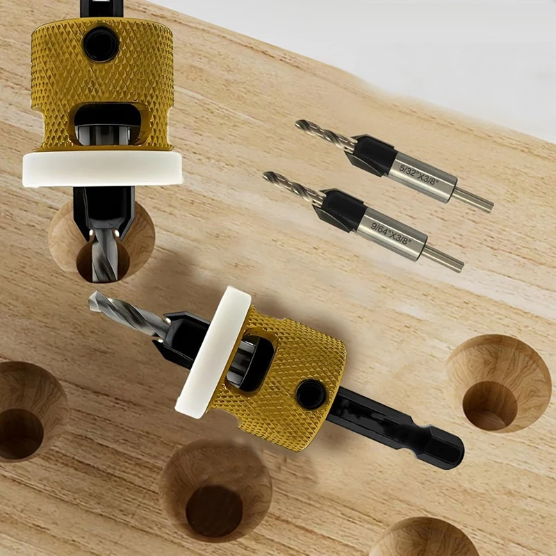 مجموعة لقمة مثقاب غاطسة عرقوب من ABPP-Hex، 1/8 بوصة 9/64 بوصة 5/32 بوصة لقمة ثقب غاطسة للأعمال الخشبية + توقف عمق قابل للتعديل