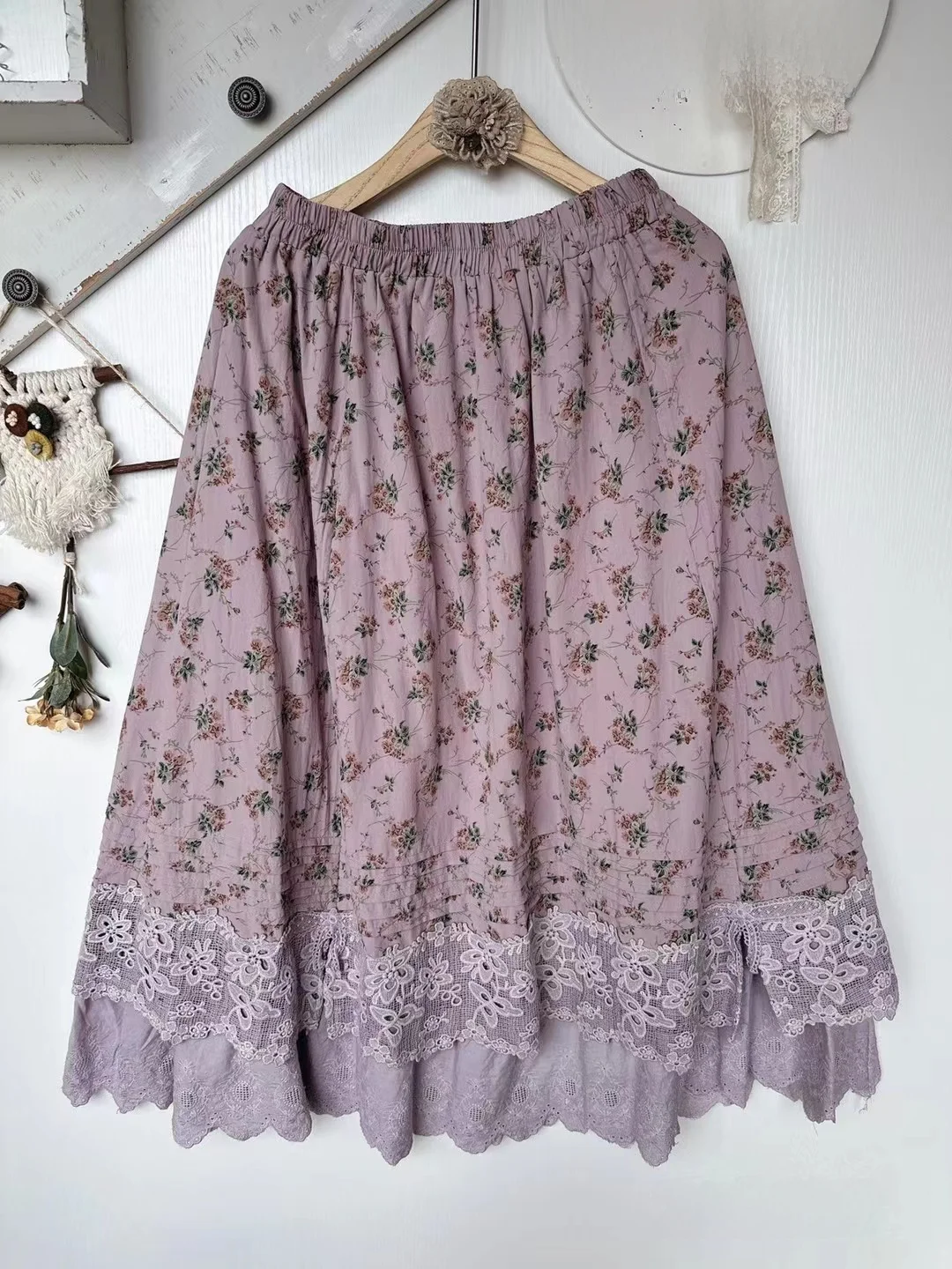 

Floral Print Elastic Waist Midi Skirt Hollow out Lace Splicing Pleated Summer New Arrival Women's Cotton f-length Skirt