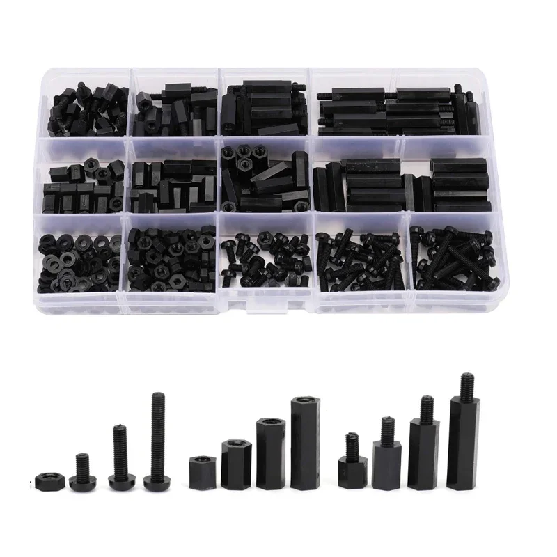 320/300/250pcsM2 M 2,5 M3 Schwarz Kunststoff Nylon Isolierte Hex Standoff Hexagon Säule Spacer Spalte Schraube Mutter sortiment Kit Set – Detail 1