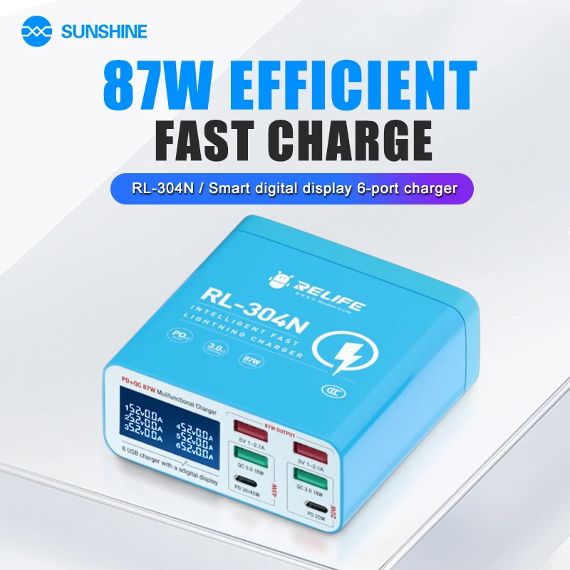 

RELIFE RL-304N Smart digital display 6 port charger 87W efficient fast charge for all mobile phones tablets and other devices