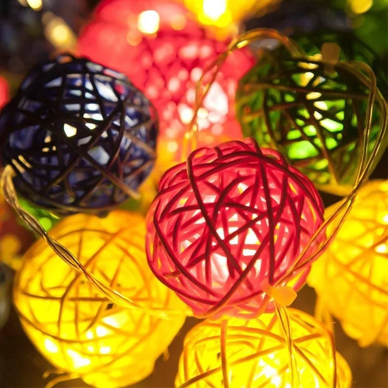 2.5M 20 LED Rattan Balls String Lights Battery Fairy Garland Cotton Ball Light Holiday Christmas Lights for Patio Wedding Decor