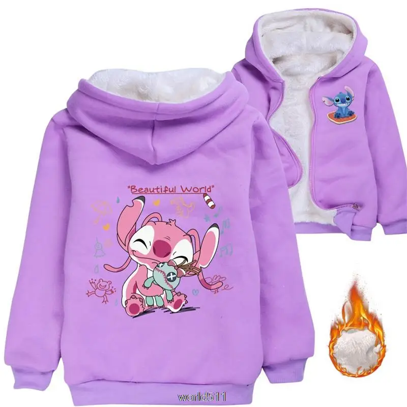 Stitch Baby Girls Cartoon Printed Children Plus Velvet Warm Girls Cotton Jacket Sweatshirt Thick Kids Clothing Jacket