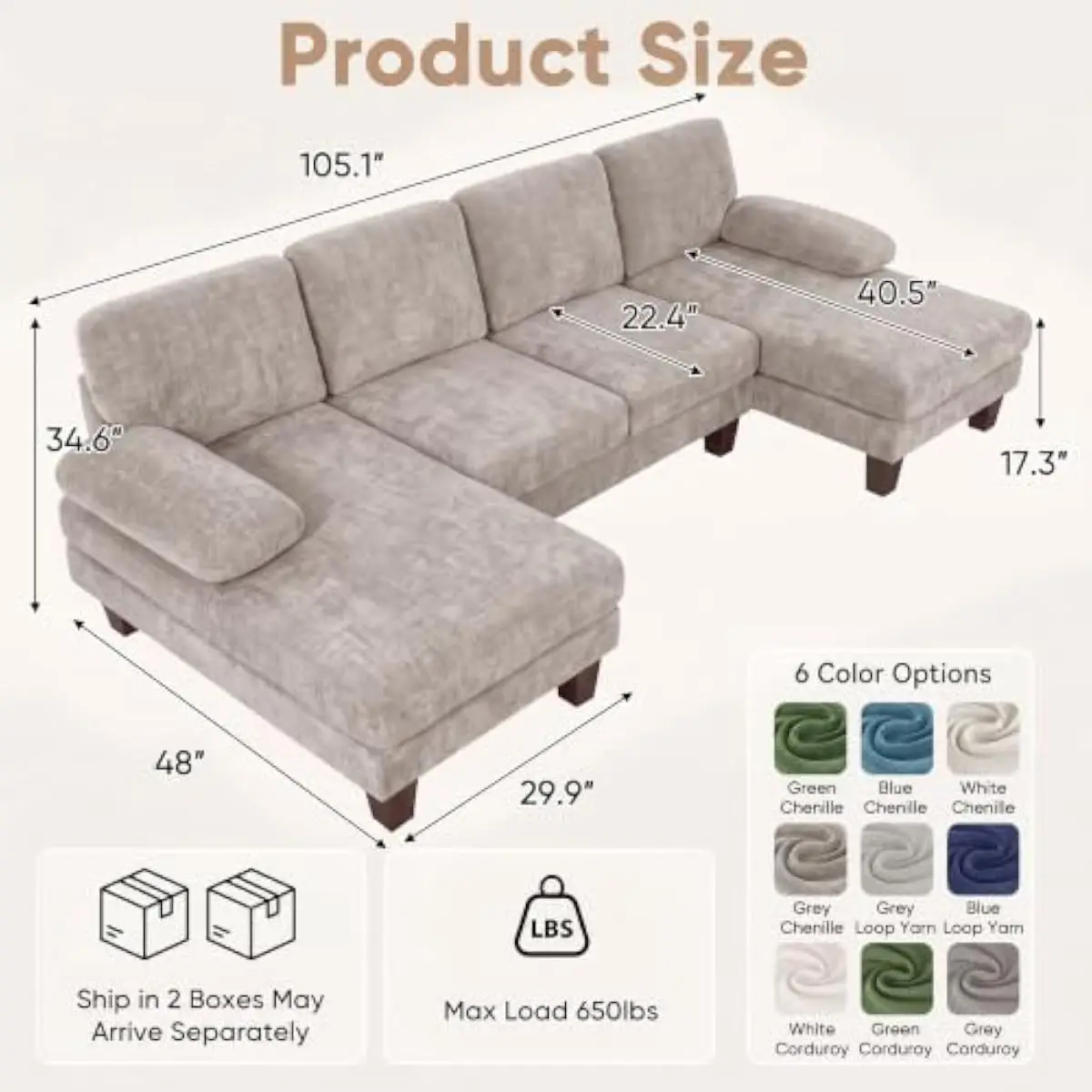 U-shaped sectional sofa measuring 105 inches wide with dual chaise configuration, grey chenille upholstery, 23-inch deep seats,