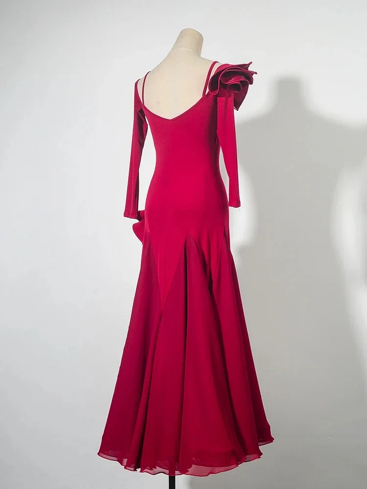 Novo vestido de competição de dança de salão folha de lótus gola de renda valsa feminina roupas padrão manga longa traje de dança moderna