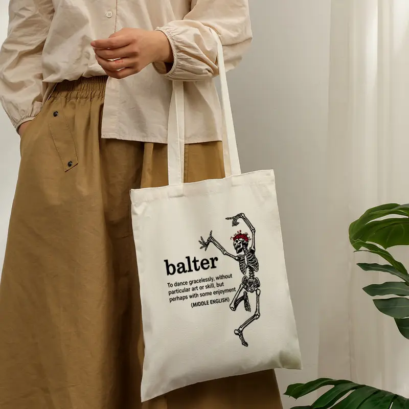 Balter Dancing Skeleton Canvas Tote Bag Vintage Skeleton Print Definition Text Shoulder Shopping Bag Gothic Halloween Handbag