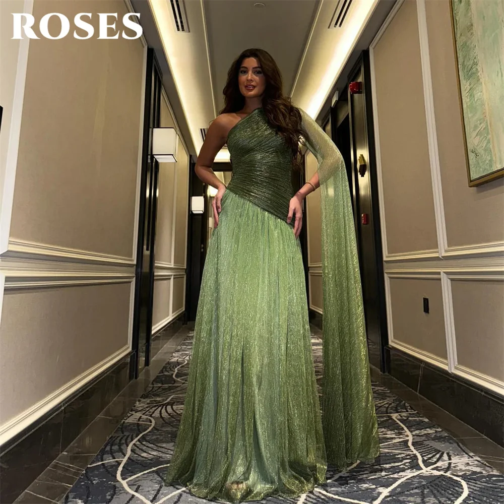 

ROSES Green Formal Gown One Shoulder Long Sleeve Prom Dresses A Line Ruched Evening Dress Glitter Sequin Modern Style Customized