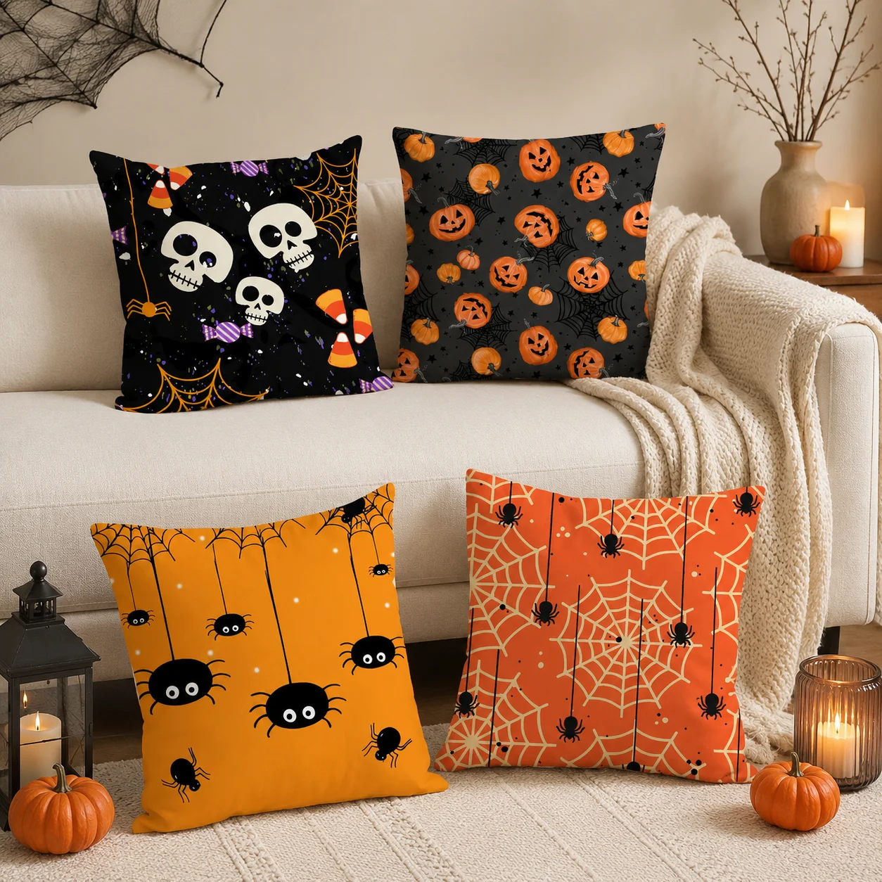 Happy Halloween Scary Spider Web Cushion Cover Silky Short Plush Invisible Zipper Dustproof Sofa Pillow Cover For Home Decor