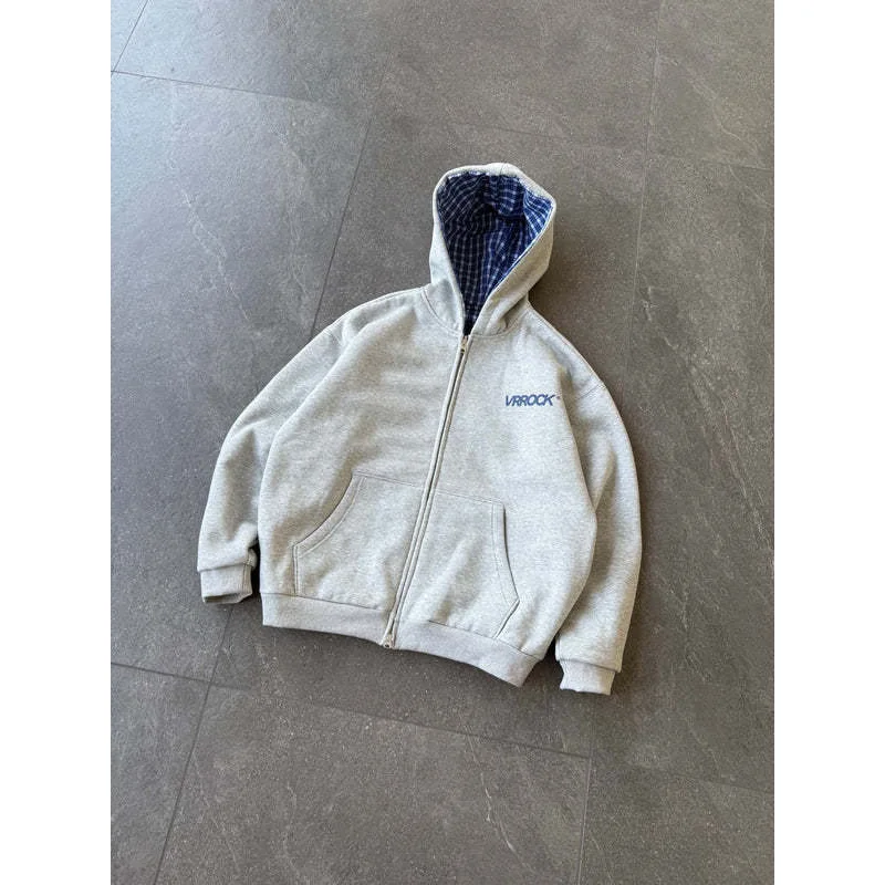 American high-end retro checkered contrasting hooded cardigan sweatshirt, trendy brand niche loose couple jacket
