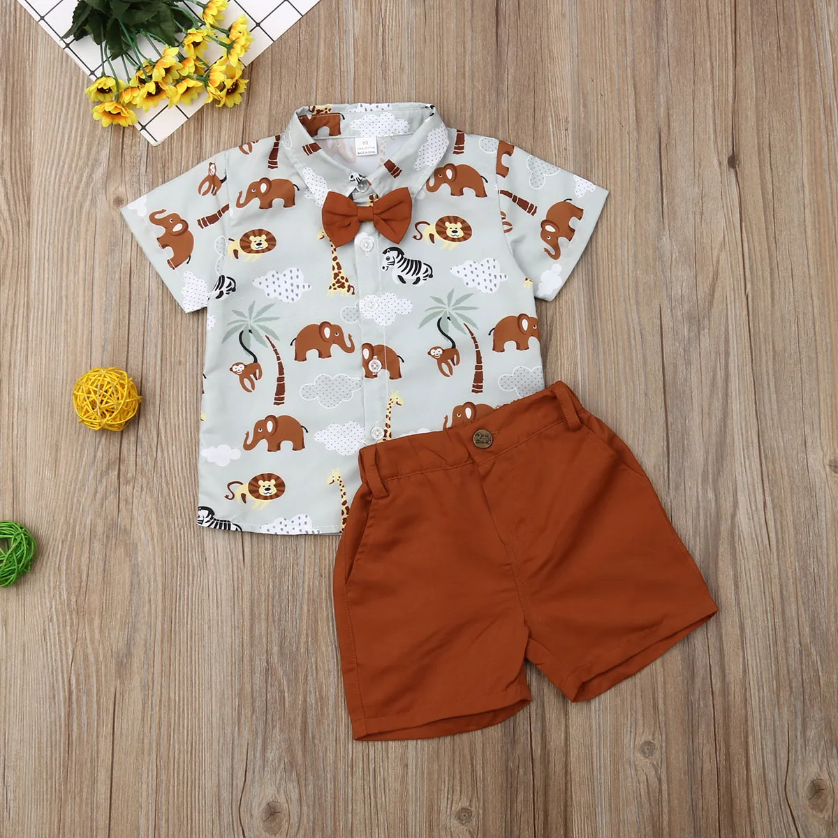 Pudcoco 1-6Y Summer Baby Boys 3Pcs Clothes Sets Fashion Infant Animal Print Shirts Top Solid Brown Shorts Children\'s Sets