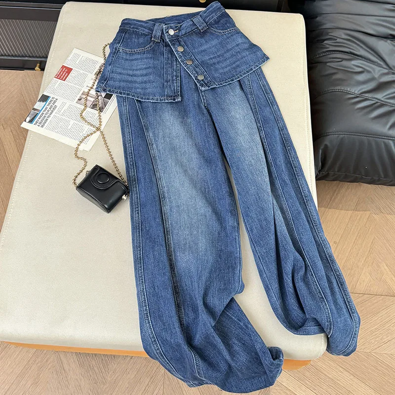 BKQU Fake Two-piece Women Jeans Retro High-waisted Button Pocket Spliced Wide Leg Denim Pants American Style Street Jeans 2026