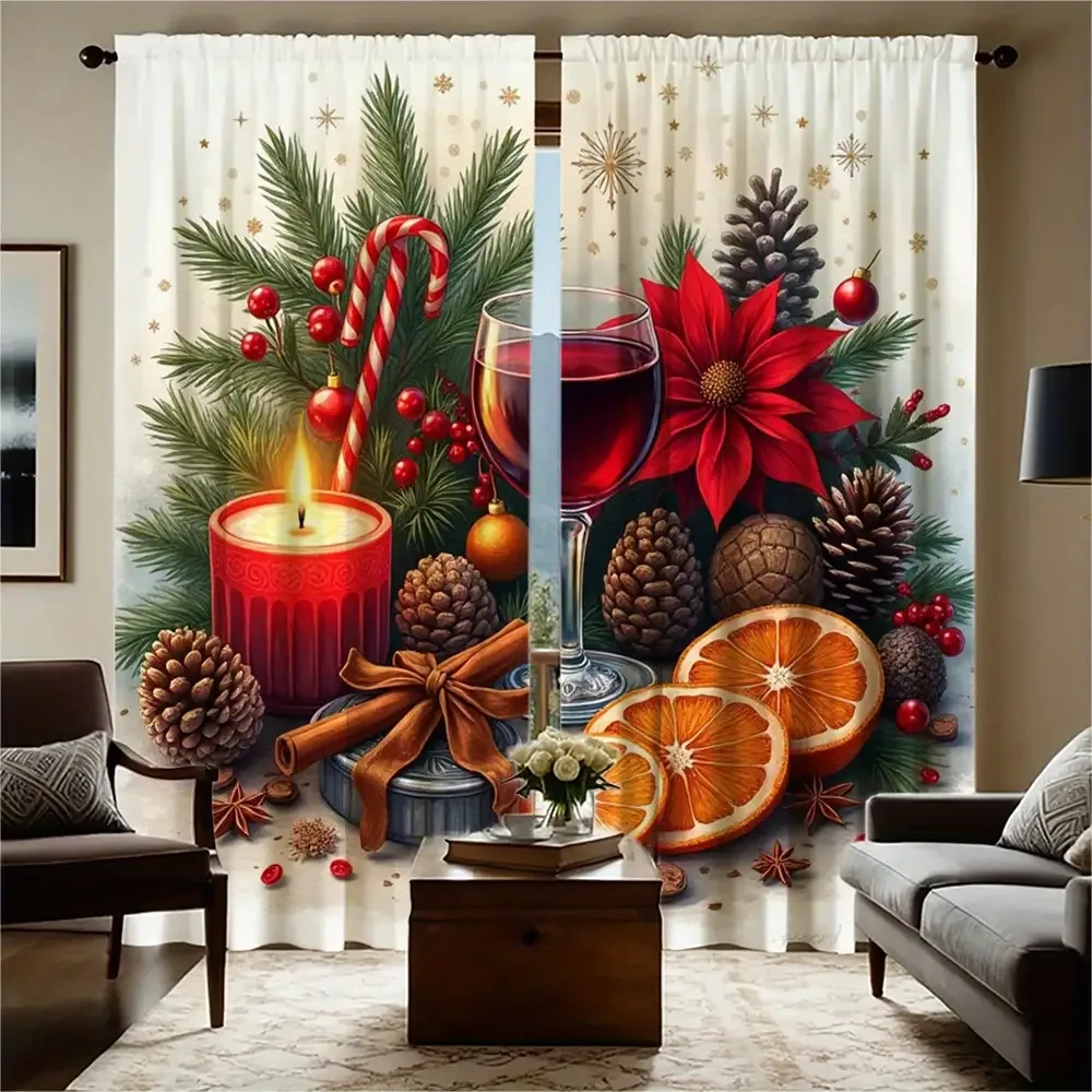 2pcs Christmas Window Curtains - Heavyweight Matte Polyester Blackout Curtains with Red, Green, Golden Holiday Decor - Machine